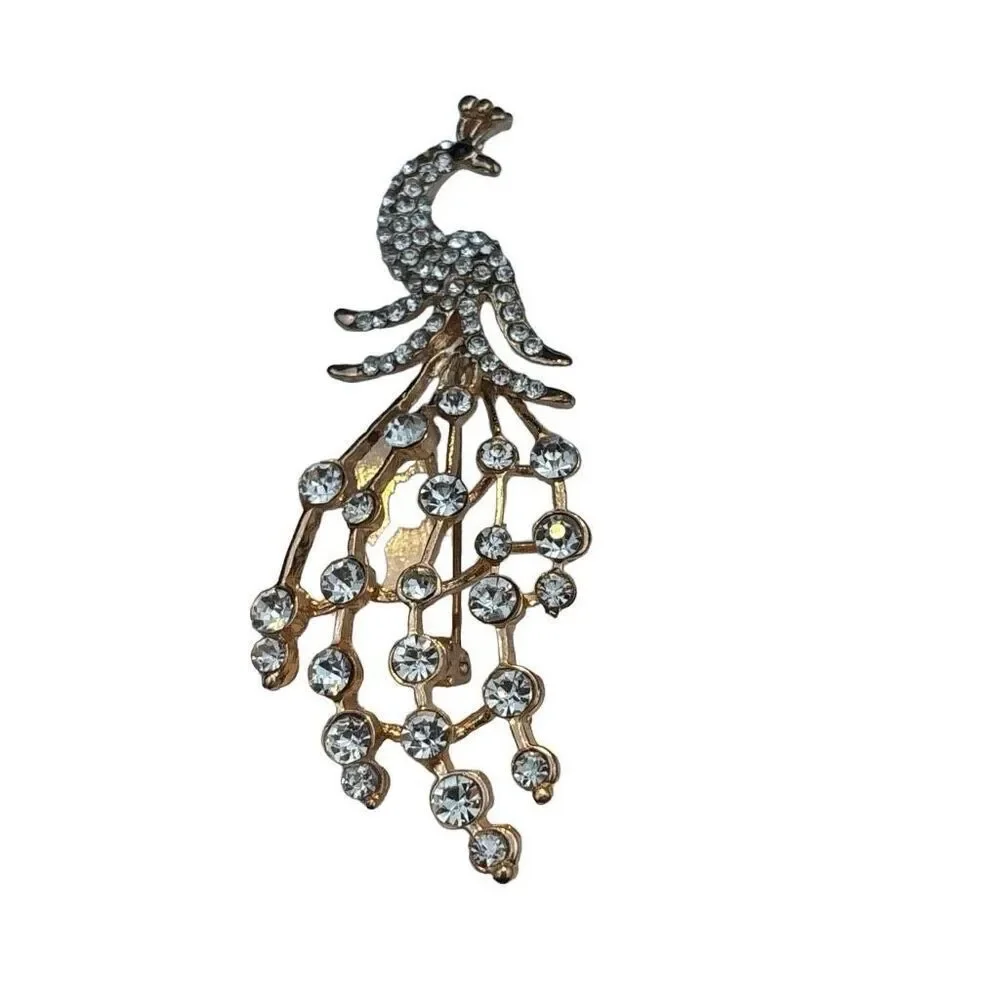 Vintage Rhinestone Peacock Brooch Gold Tone Dangle Tail
